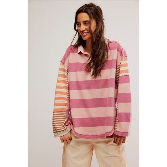 Free People We The Free Aster Stripe Tee Top Oversized Henley XS NEW 282627 - Picture 1 of 10